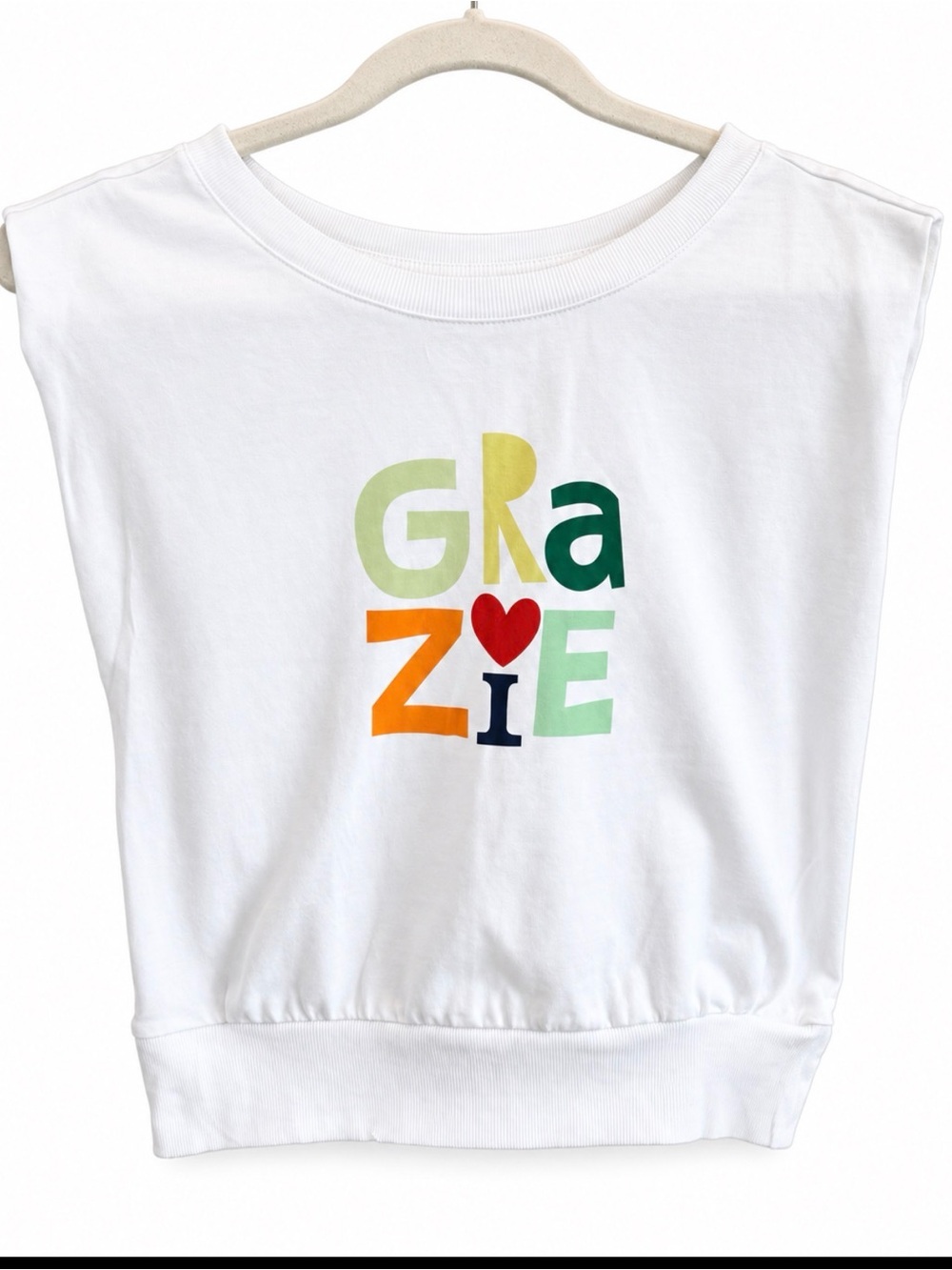 LOFT GRAZIE White Sleeveless Graphic Sweatshirt Top Colorful Heart Ribbed Hem XS